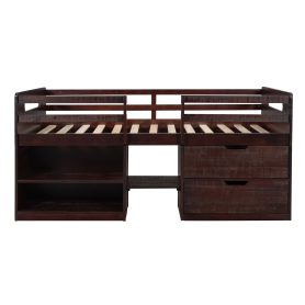 Wooden Twin Size Loft Bed With Two Shelves And Two Drawers