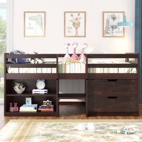 Wooden Twin Size Loft Bed With Two Shelves And Two Drawers