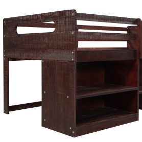 Wooden Twin Size Loft Bed With Two Shelves And Two Drawers