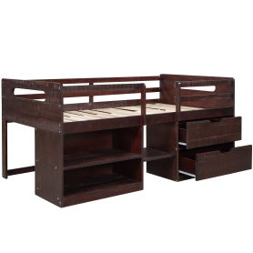 Wooden Twin Size Loft Bed With Two Shelves And Two Drawers