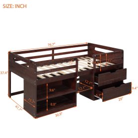 Wooden Twin Size Loft Bed With Two Shelves And Two Drawers