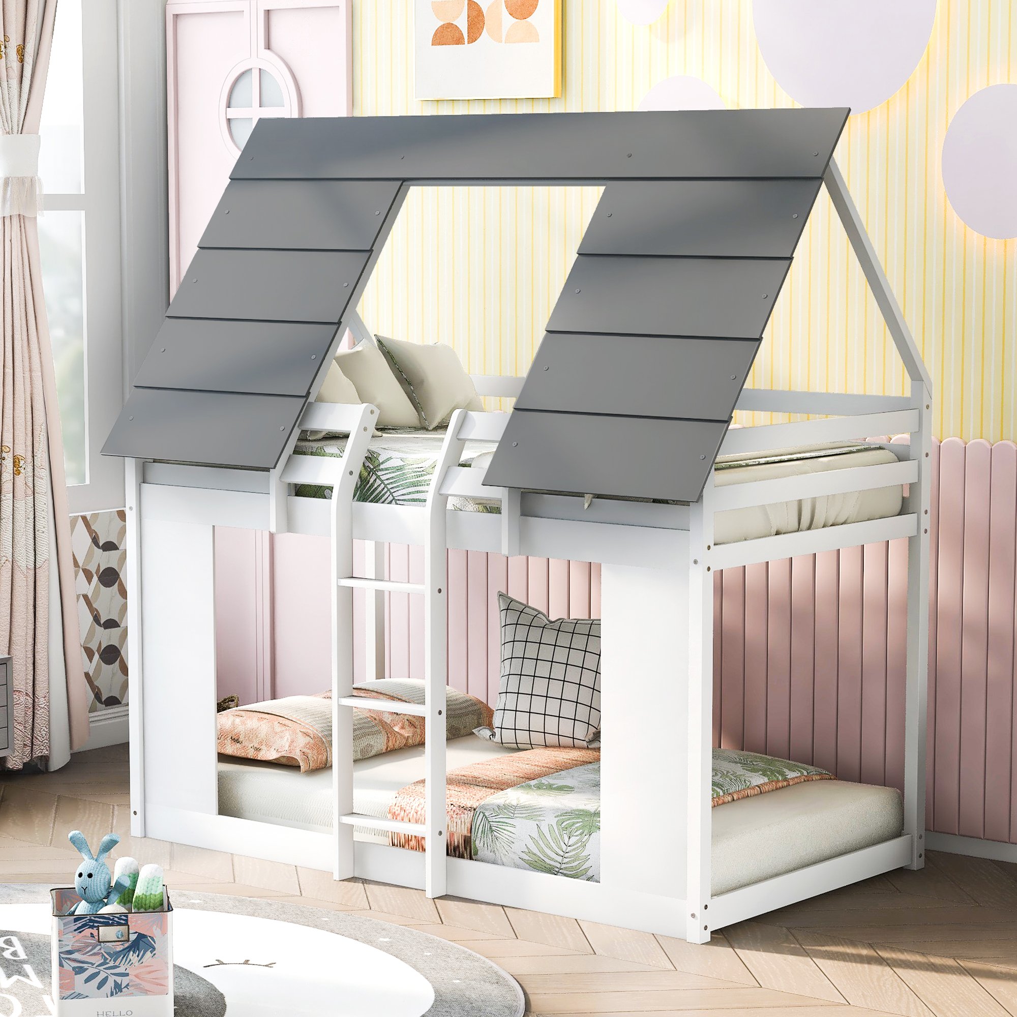 House Bunk Bed with Roof and Built-in Ladder