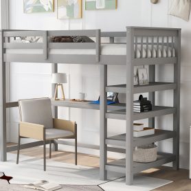 Twin Size Loft Bed with Storage Shelves and Under-Bed Desk