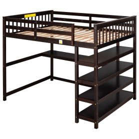 Full Size Loft Bed with Storage Shelves and Under Bed Desk