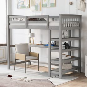 Twin Size Loft Bed with Storage Shelves and Under-Bed Desk