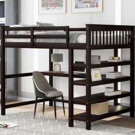 Full Size Loft Bed with Storage Shelves and Under Bed Desk