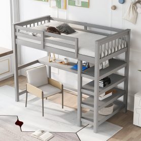 Twin Size Loft Bed with Storage Shelves and Under-Bed Desk