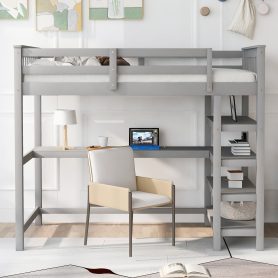 Twin Size Loft Bed with Storage Shelves and Under-Bed Desk