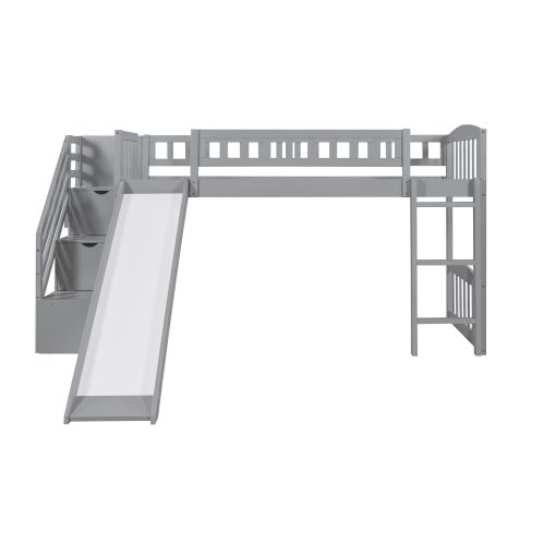 Twin Size Loft Bed With Stairway, Two Drawers And Slide