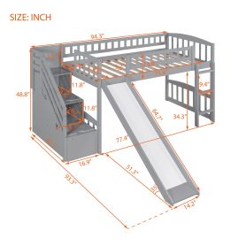 Twin Size Loft Bed With Stairway, Two Drawers And Slide