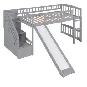 Twin Size Loft Bed With Stairway, Two Drawers And Slide