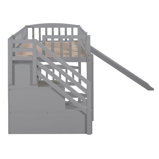Twin Size Loft Bed With Stairway, Two Drawers And Slide