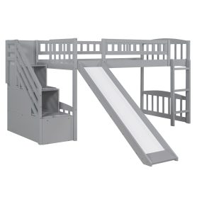 Twin Size Loft Bed With Stairway, Two Drawers And Slide