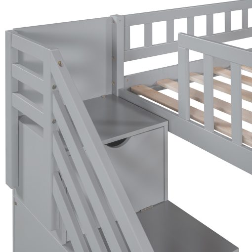 Twin Size Loft Bed With Stairway, Two Drawers And Slide