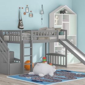 Twin Size Loft Bed With Stairway, Two Drawers And Slide