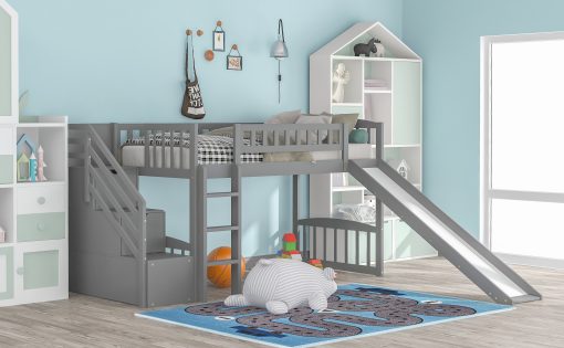 Twin Size Loft Bed With Stairway, Two Drawers And Slide
