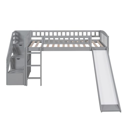 Twin Size Loft Bed With Stairway, Two Drawers And Slide