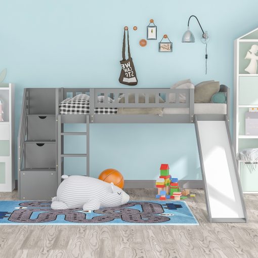 Twin Size Loft Bed With Stairway, Two Drawers And Slide