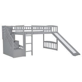 Twin Size Loft Bed With Stairway, Two Drawers And Slide