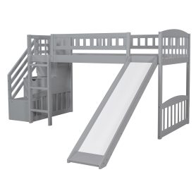 Twin Size Loft Bed With Stairway, Two Drawers And Slide