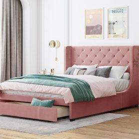 Velvet Upholstered Queen Size Storage Platform Bed With Wingback Headboard And A Big Drawer