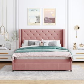 Velvet Upholstered Queen Size Storage Platform Bed With Wingback Headboard And A Big Drawer