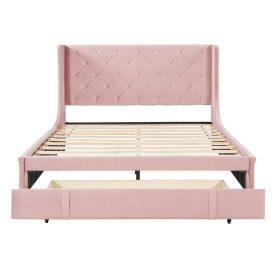 Velvet Upholstered Queen Size Storage Platform Bed With Wingback Headboard And A Big Drawer