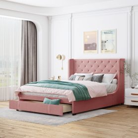 Velvet Upholstered Queen Size Storage Platform Bed With Wingback Headboard And A Big Drawer