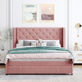 Velvet Upholstered Queen Size Storage Platform Bed With Wingback Headboard And A Big Drawer