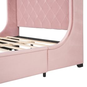 Velvet Upholstered Queen Size Storage Platform Bed With Wingback Headboard And A Big Drawer