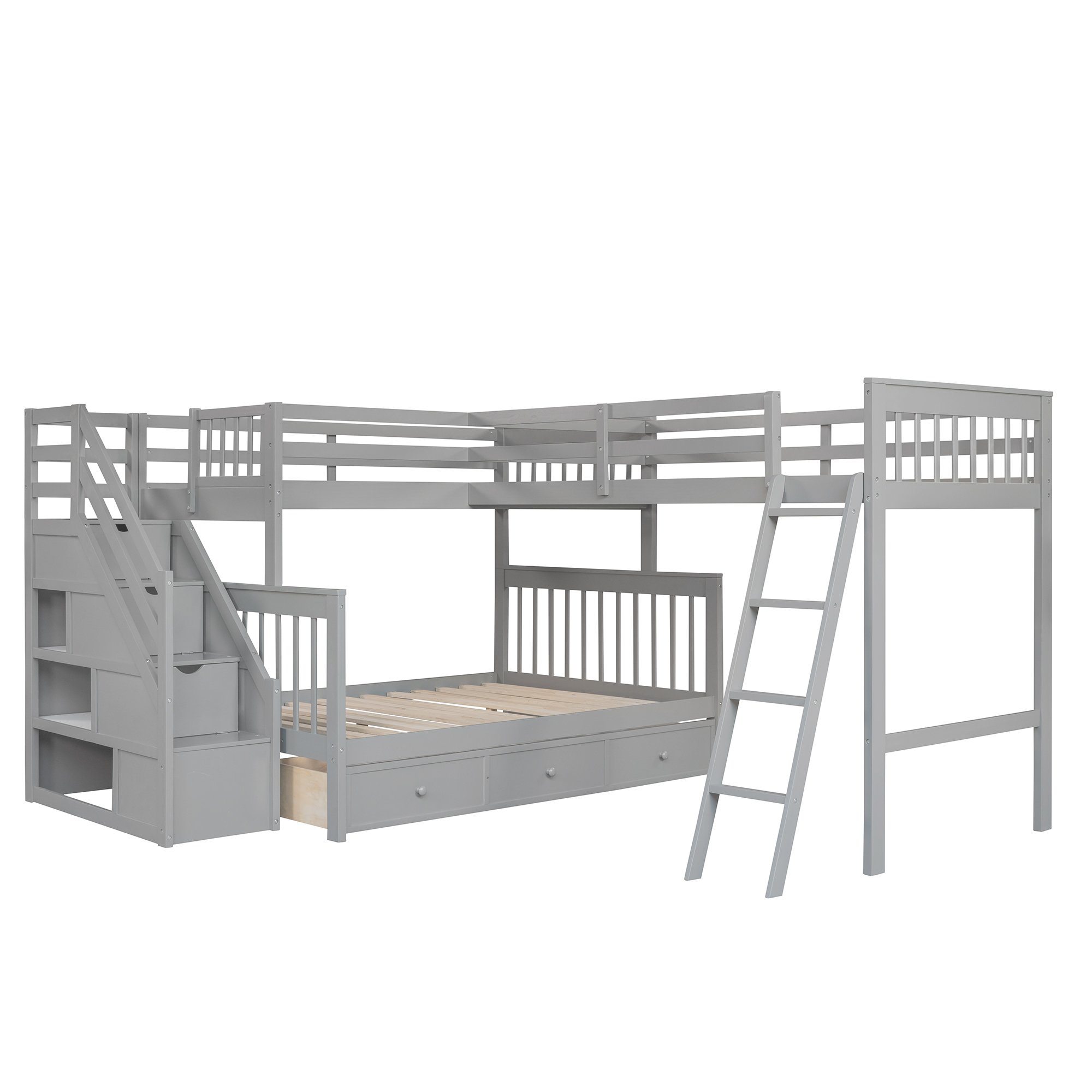 Twin over Full L-Shaped Bunk Bed With 3 Drawers, Ladder And Staircase 6 Twin over Full L-Shaped Bunk Bed With 3 Drawers, Ladder And Staircase