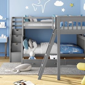 Twin over Full L-Shaped Bunk Bed With 3 Drawers, Ladder And Staircase 36 Twin over Full L-Shaped Bunk Bed With 3 Drawers, Ladder And Staircase