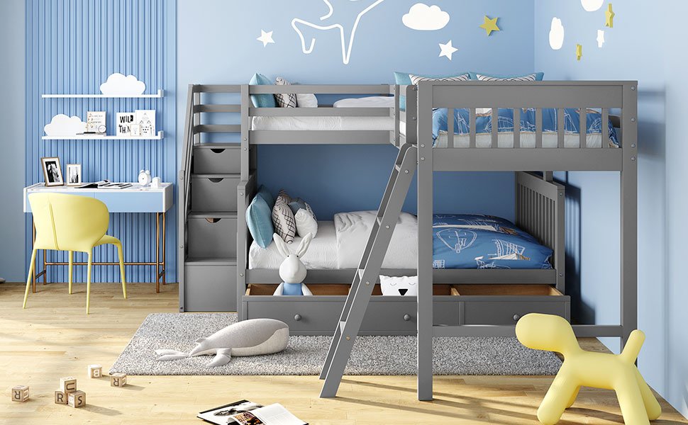 Twin over Full L-Shaped Bunk Bed With 3 Drawers, Ladder And Staircase 19 Twin over Full L-Shaped Bunk Bed With 3 Drawers, Ladder And Staircase