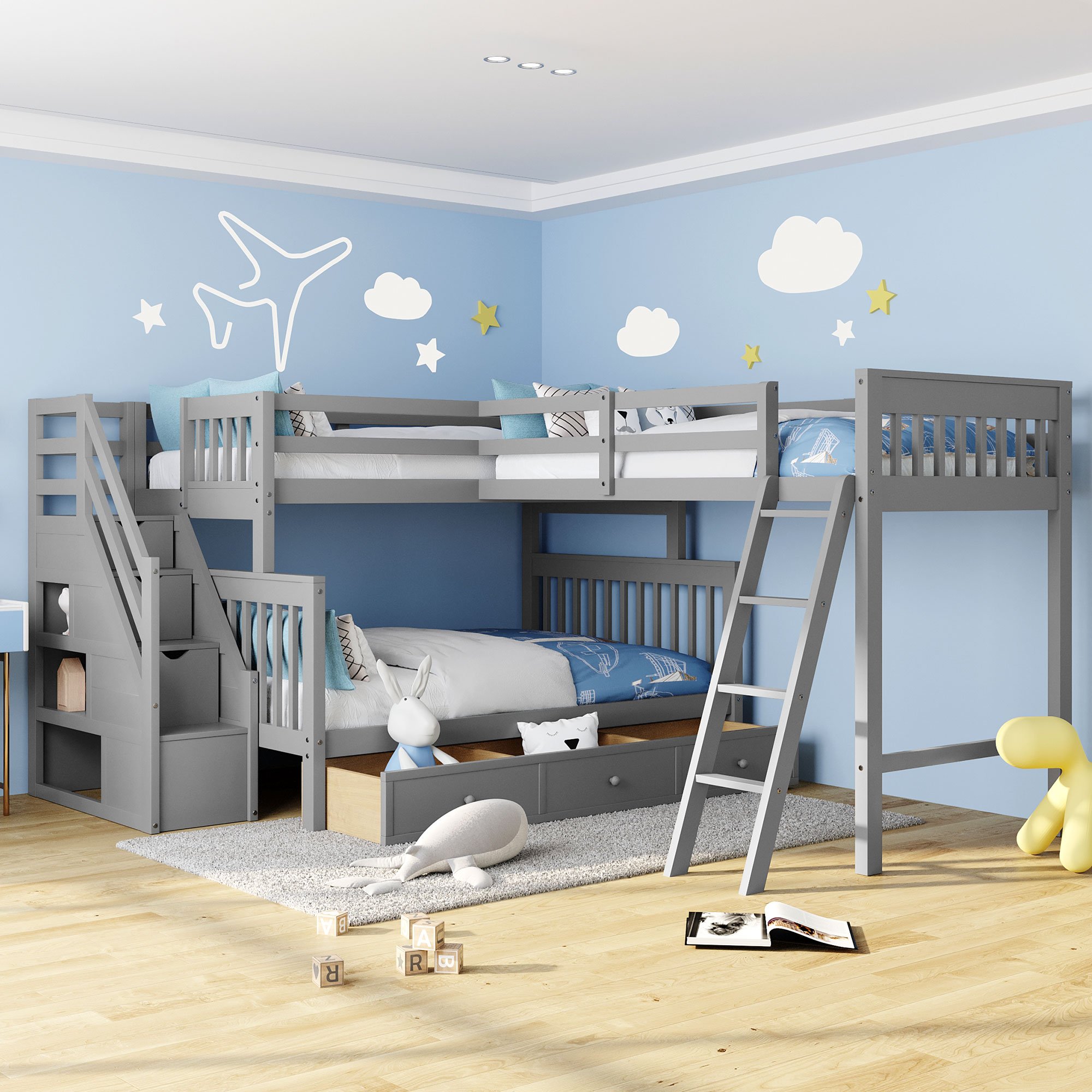 Twin over Full L-Shaped Bunk Bed With 3 Drawers, Ladder And Staircase 3 Twin over Full L-Shaped Bunk Bed With 3 Drawers, Ladder And Staircase
