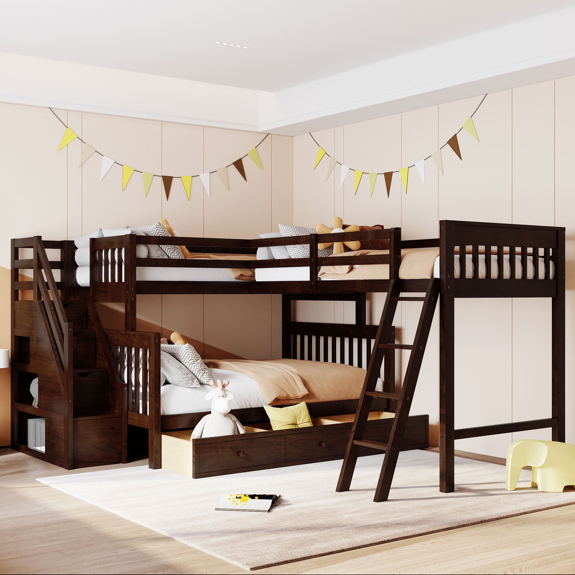 Twin over Full L-Shaped Bunk Bed With 3 Drawers, Ladder And Staircase