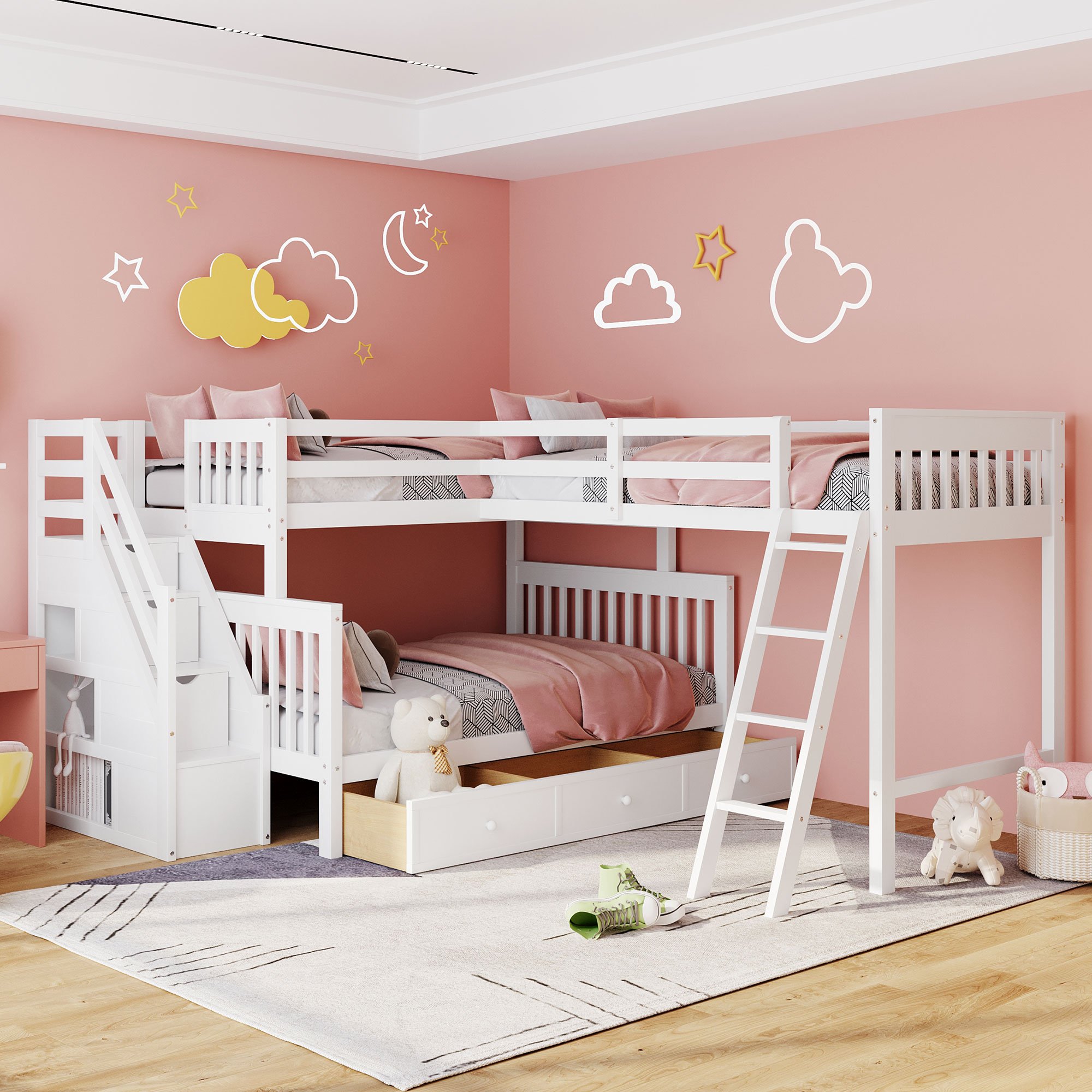 Twin over Full L-Shaped Bunk Bed With 3 Drawers, Ladder And Staircase