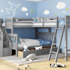 Twin over Full L-Shaped Bunk Bed With 3 Drawers, Ladder And Staircase 37 Twin over Full L-Shaped Bunk Bed With 3 Drawers, Ladder And Staircase