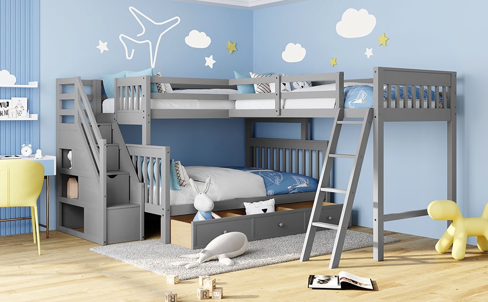 Twin over Full L-Shaped Bunk Bed With 3 Drawers, Ladder And Staircase 20 Twin over Full L-Shaped Bunk Bed With 3 Drawers, Ladder And Staircase