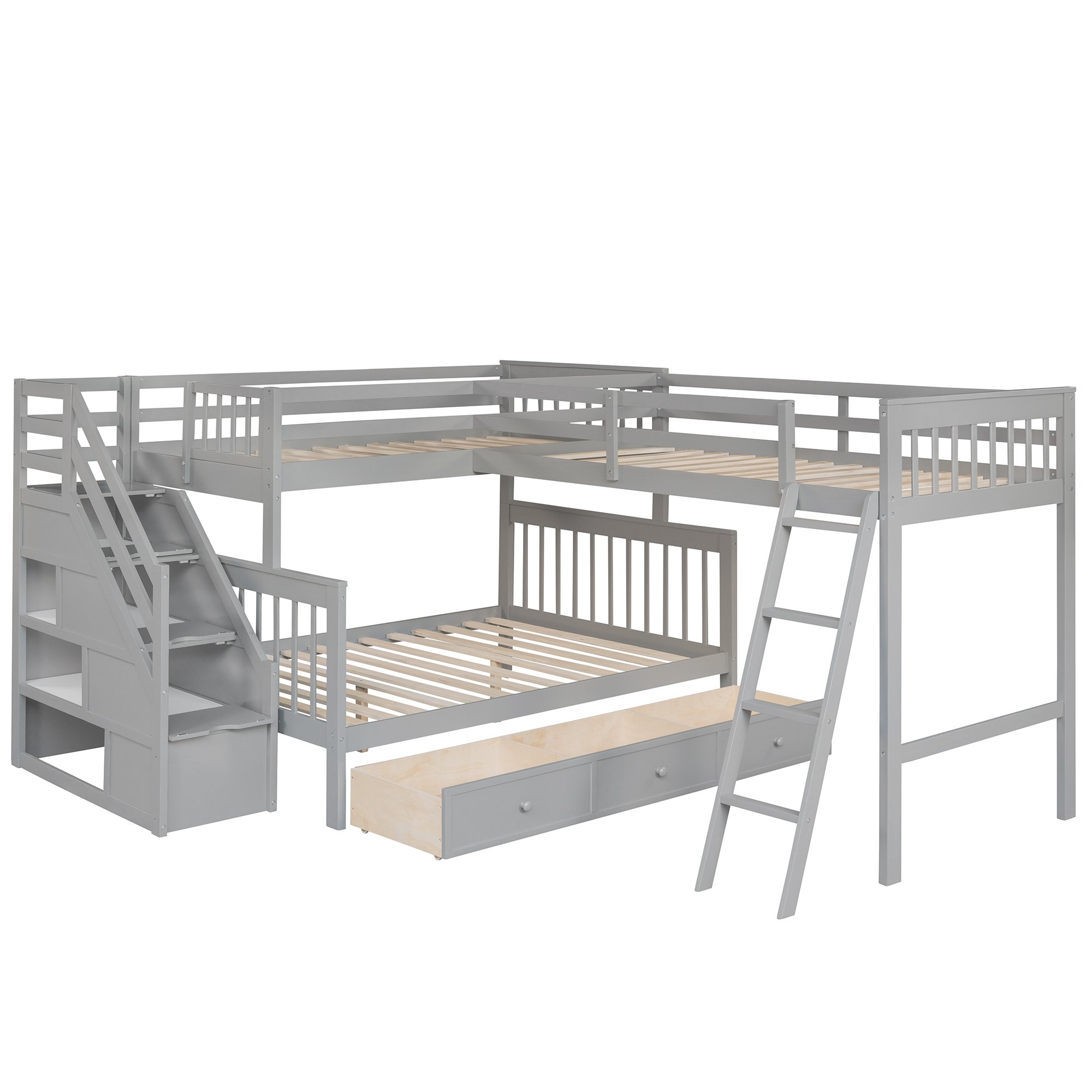 Twin over Full L-Shaped Bunk Bed With 3 Drawers, Ladder And Staircase 5 Twin over Full L-Shaped Bunk Bed With 3 Drawers, Ladder And Staircase