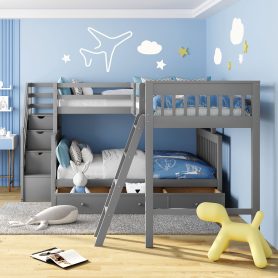 Twin over Full L-Shaped Bunk Bed With 3 Drawers, Ladder And Staircase