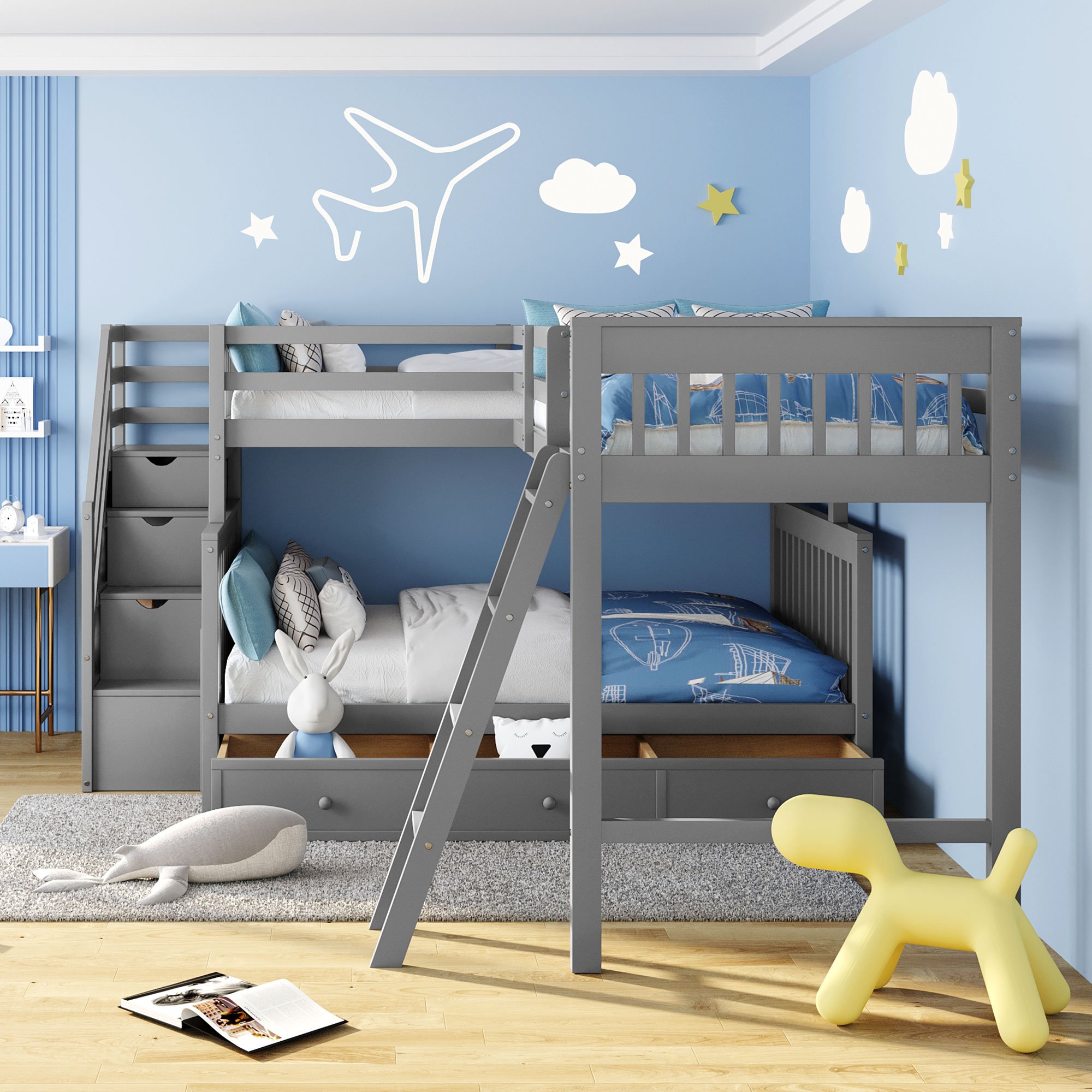 Twin over Full L-Shaped Bunk Bed With 3 Drawers, Ladder And Staircase 4 Twin over Full L-Shaped Bunk Bed With 3 Drawers, Ladder And Staircase