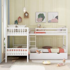 L-Shaped Twin over Twin Size Bunk Bed With Drawer