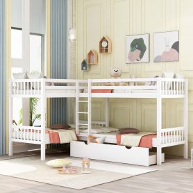 L-Shaped Twin over Twin Size Bunk Bed With Drawer