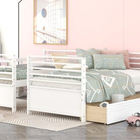 Wood Twin Over Twin Bunk Bed With Two Drawers and Ladder