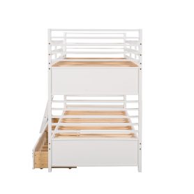 Wood Twin Over Twin Bunk Bed With Two Drawers and Ladder