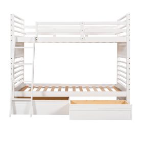 Wood Twin Over Twin Bunk Bed With Two Drawers and Ladder