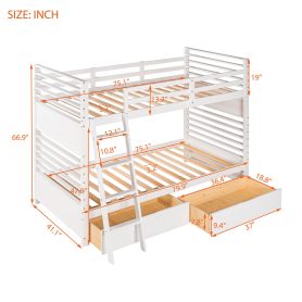 Wood Twin Over Twin Bunk Bed With Two Drawers and Ladder