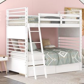 Wood Twin Over Twin Bunk Bed With Two Drawers and Ladder