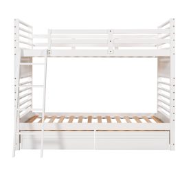 Wood Twin Over Twin Bunk Bed With Two Drawers and Ladder