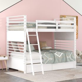Wood Twin Over Twin Bunk Bed With Two Drawers and Ladder